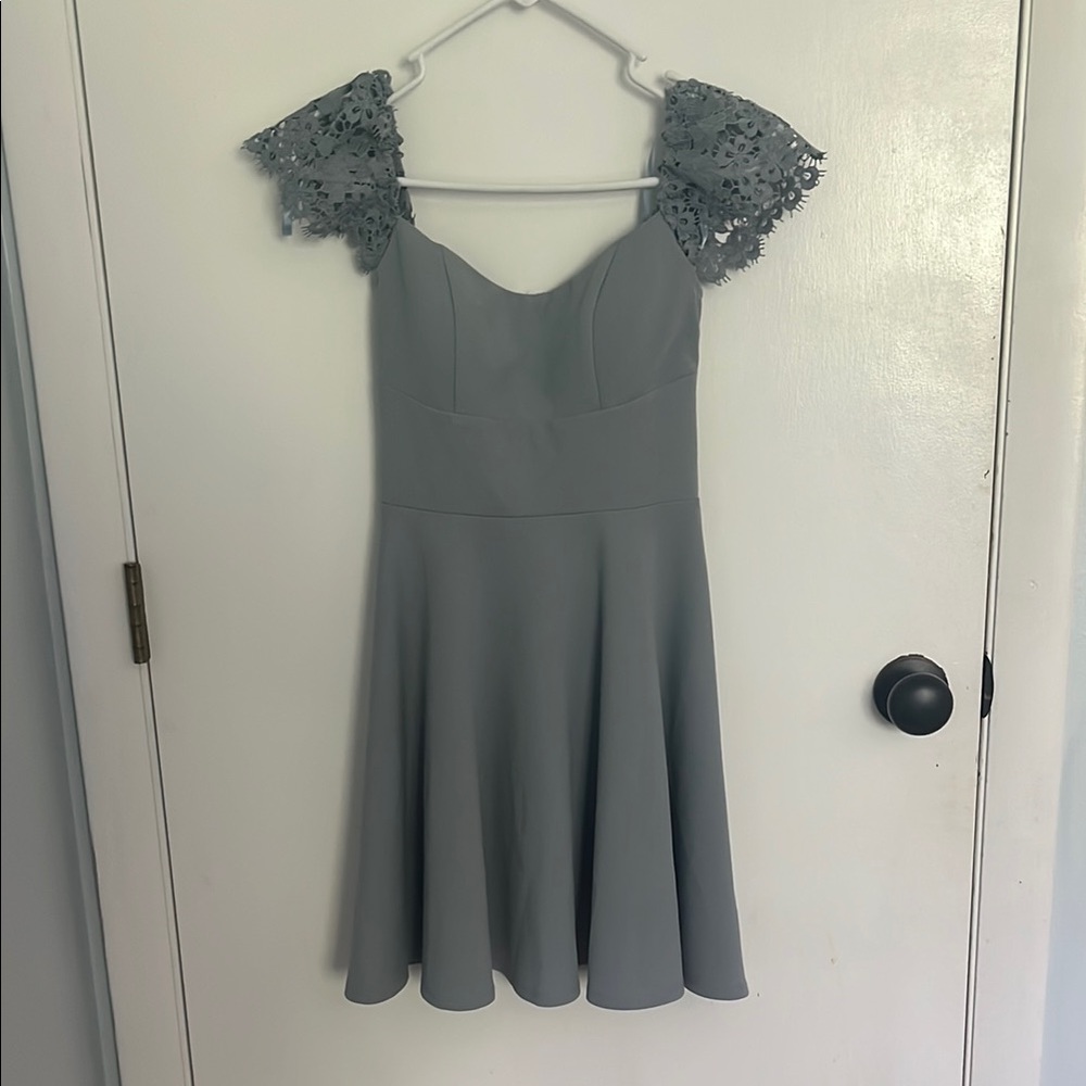 City Studio Blue-Gray Fit and Flare Mini Dress with Flutter Sleeves